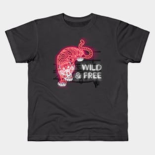 Wild and Free glowing RED Neon Tiger and Text Sign Kids T-Shirt